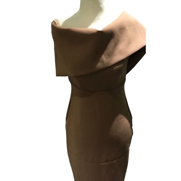 Rubber Ducky production Off-the-Shoulder neckline wrap Gown long dress Sz S Tan - Picture 7 of 10